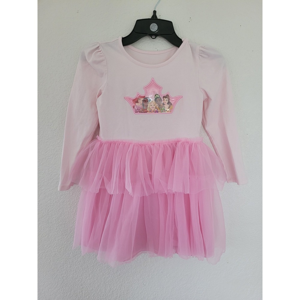 Disney Princess Girls Pink Tulle Tutu Dress Long Sleeve Crown‎ Graphic 5-6 #7
